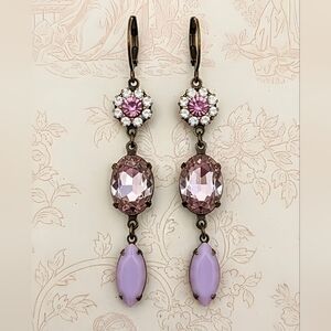 Victorian Pink Flower & Swarovski Crystals In Three Tier Long Brass Earrings